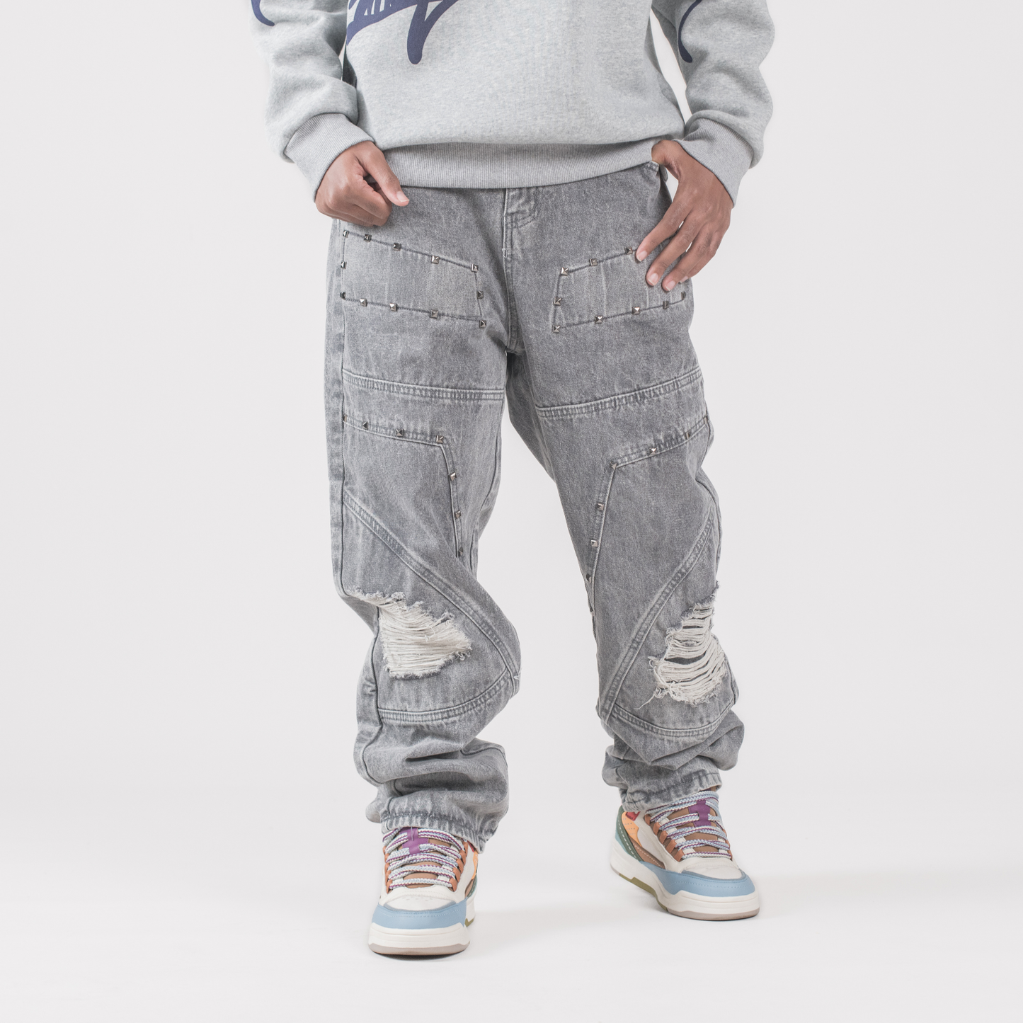 Men’s Grey Utility Ripstop Distressed Baggy Jeans
