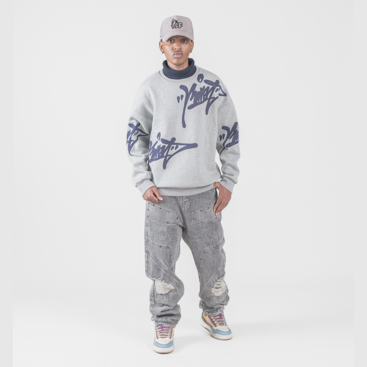 Men’s Grey Utility Ripstop Distressed Baggy Jeans