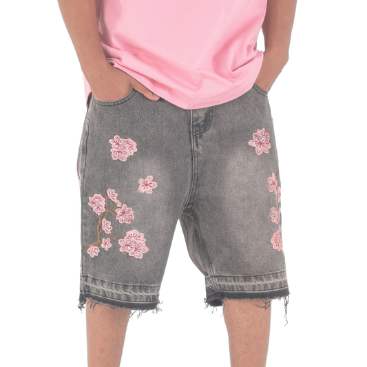 Sakura Bloom Embroidered Denim Shorts