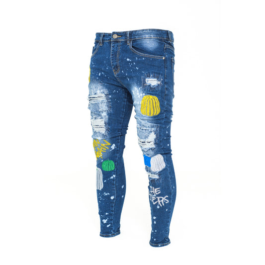Men Colour Embroidery Skinny Denim Jeans