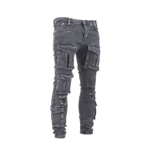 Men’s Shadow Black Multi-Pocket Distressed Cargo Denim