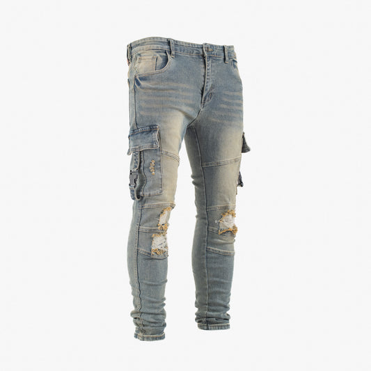 Men’s Tactical Distressed Cargo Denim Jeans