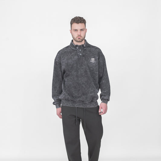 Washed Black Snap-Up Mock Neck Sweatshirt – “Formation W” Series