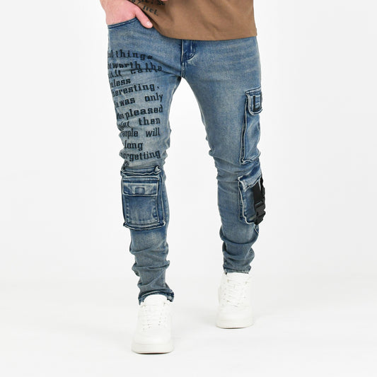 Men’s Graffiti Tactical Cargo Denim Jeans – Blue Wash