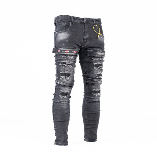 Men’s Black Distressed Strap Detail Denim Jeans