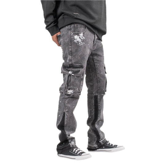 Black Acid Wash Cargo Jeans