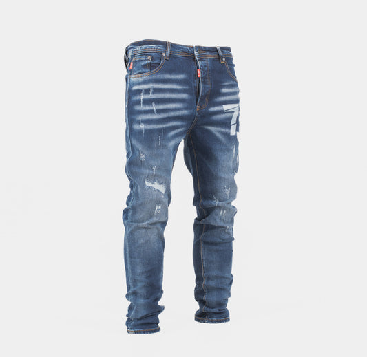 GEE2 Distressed “79” Graphic Slim Fit Denim Jeans