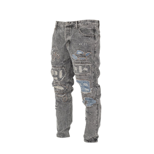 Men Vintage Distressed Ripped Straight Cut Non Stretch Denim Jeans.