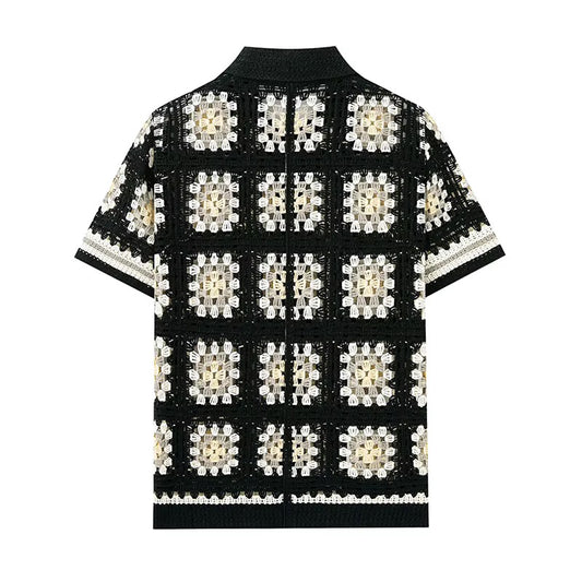 Midnight Mosaic Crochet Shirt – Black & Cream