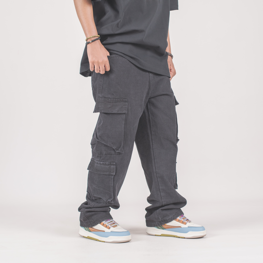 Men’s Black Multi-Pocket Relaxed Fit Cargo Denim