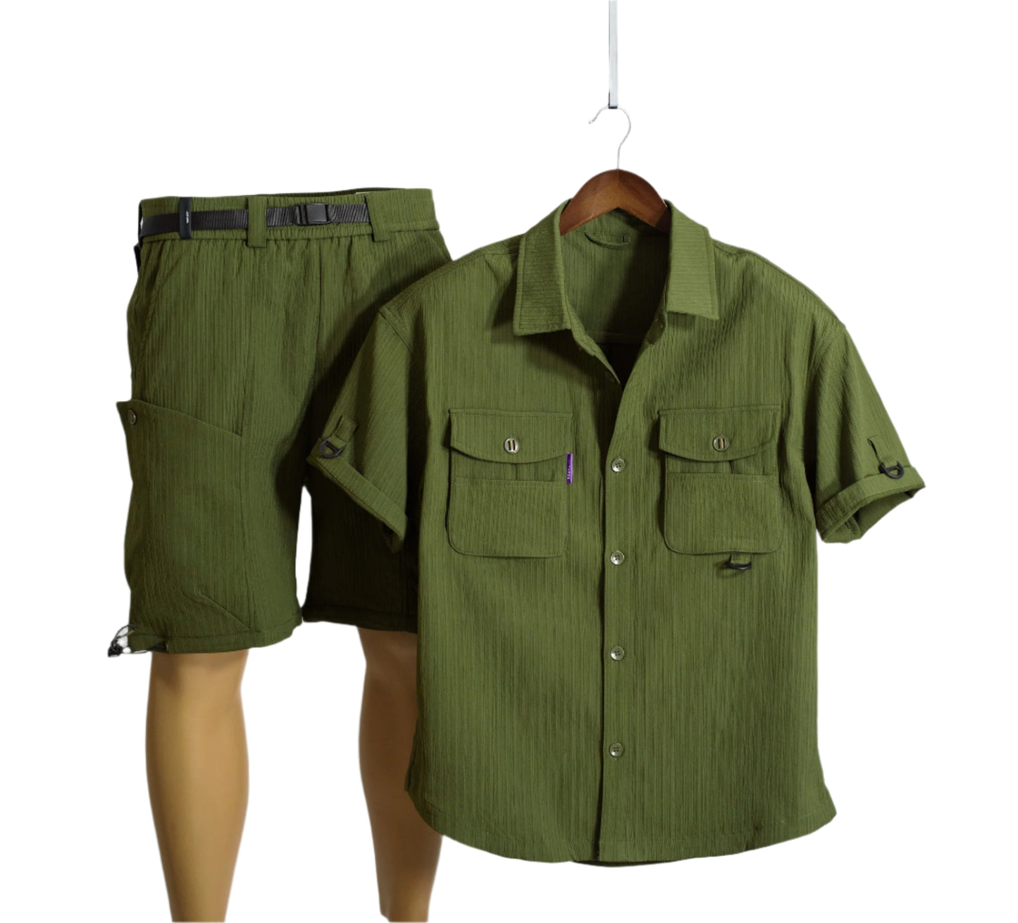 Men 1pc Flap Pocket Shirt & 1pc Belted Cargo Short