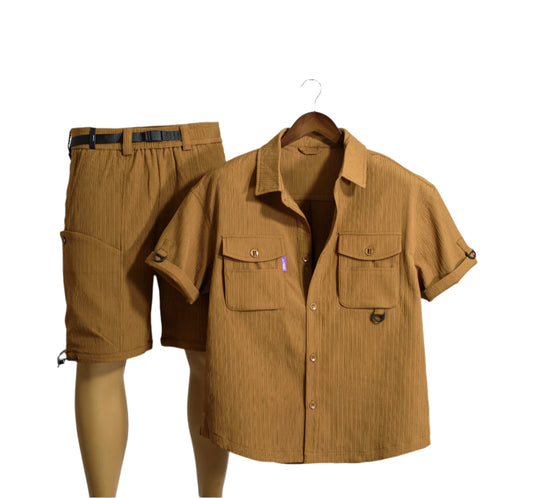 Men 1pc Flap Pocket Shirt & 1pc Belted Cargo Short