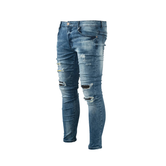 Men’s Ripped Patch Work Blue Skinny Denim FOG