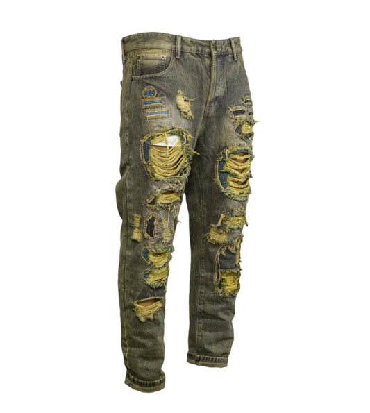 Men Vintage Distressed Dirty Green Ripped Jeans