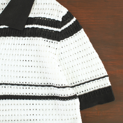 LOWKAL Riviera Open-Knit Stripe Polo T-Shirt