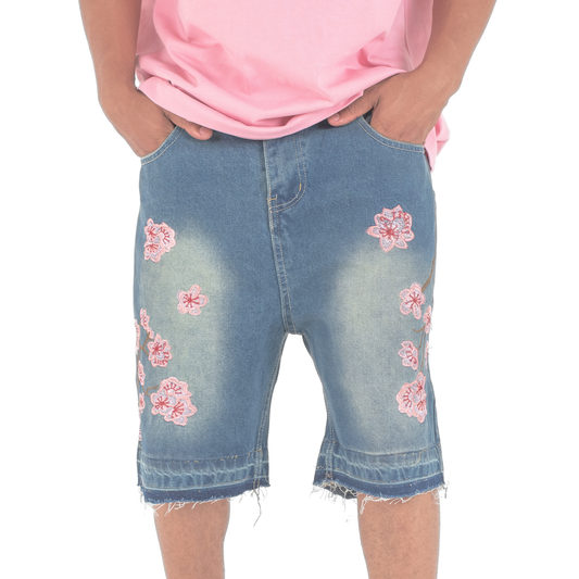 Sakura Bloom Embroidered Denim Shorts