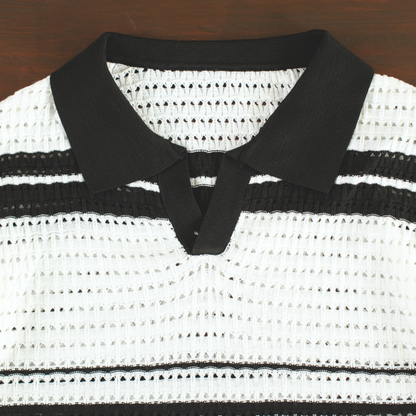 LOWKAL Riviera Open-Knit Stripe Polo T-Shirt