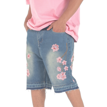 Sakura Bloom Embroidered Denim Shorts