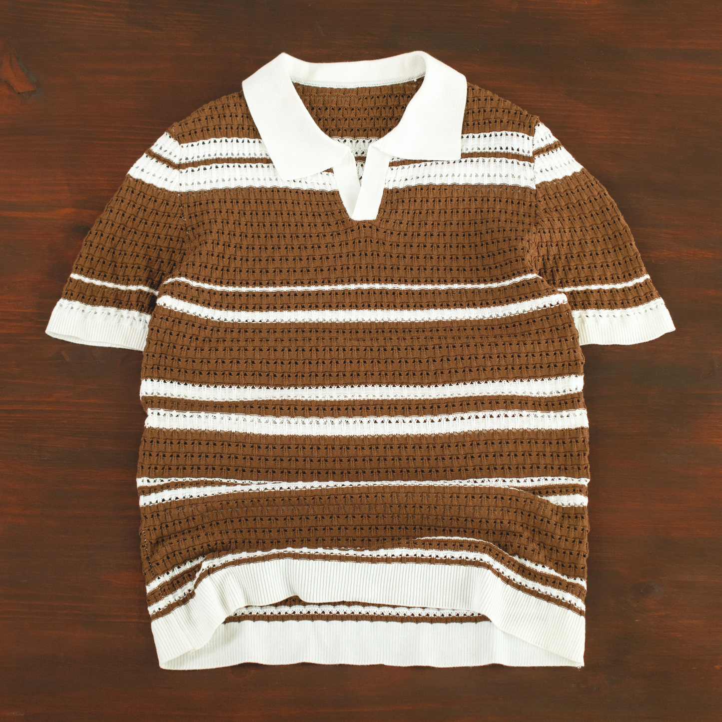 LOWKAL Riviera Open-Knit Stripe Polo T-Shirt