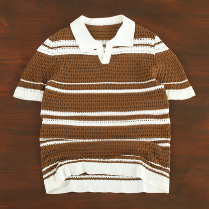 LOWKAL Riviera Open-Knit Stripe Polo T-Shirt