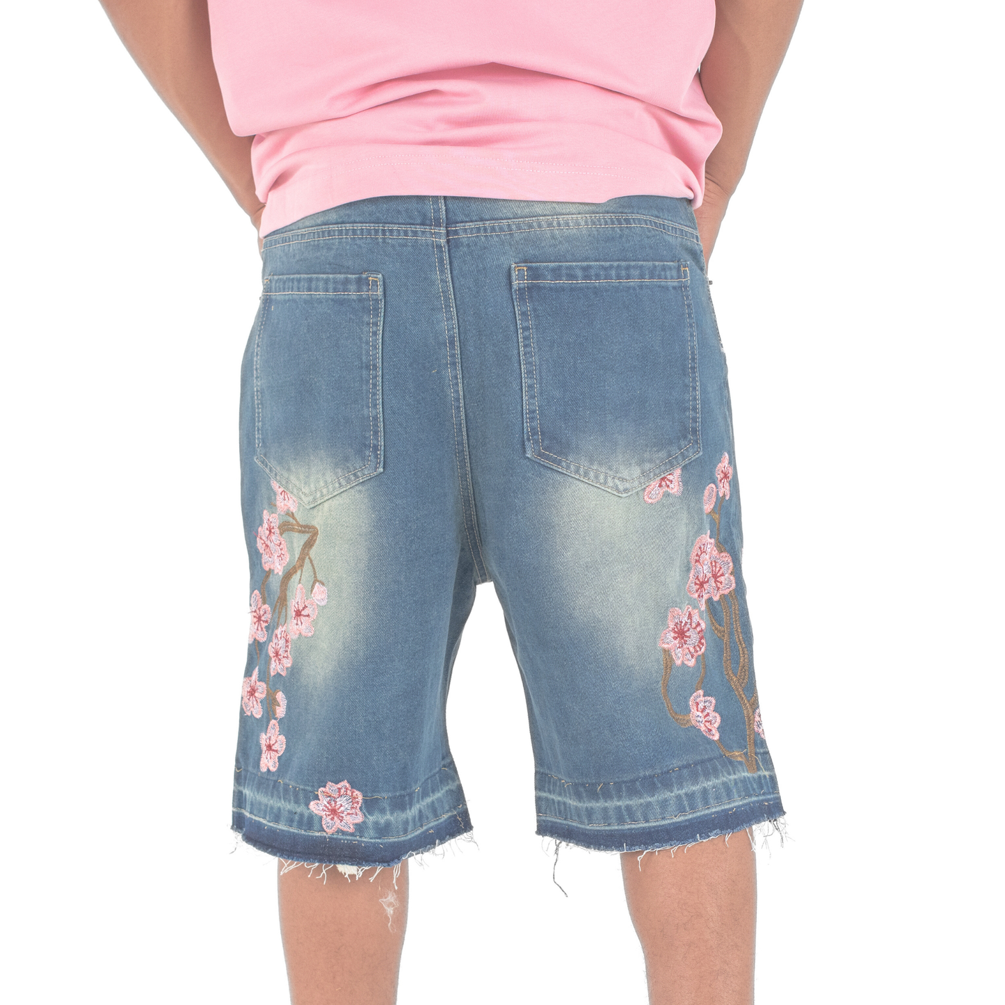 Sakura Bloom Embroidered Denim Shorts