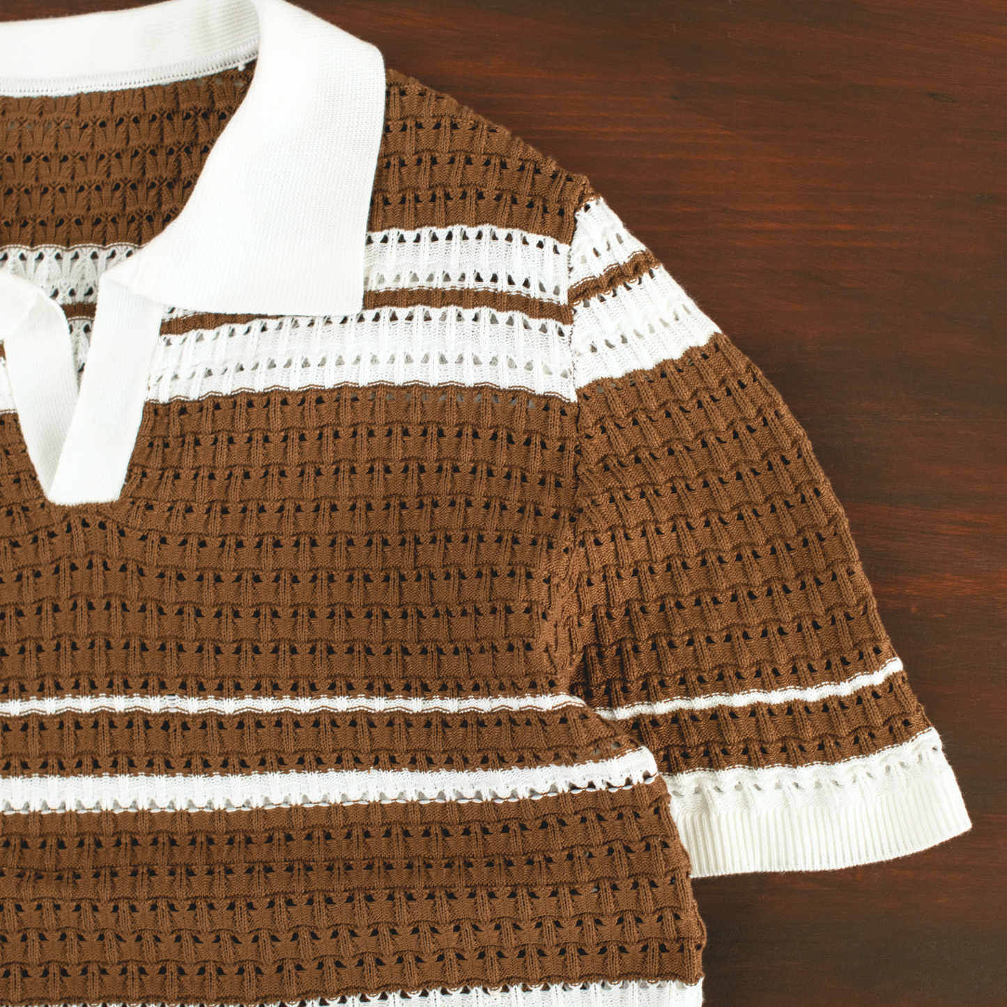 LOWKAL Riviera Open-Knit Stripe Polo T-Shirt