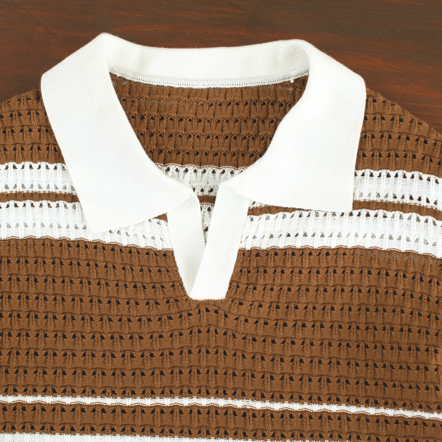 LOWKAL Riviera Open-Knit Stripe Polo T-Shirt
