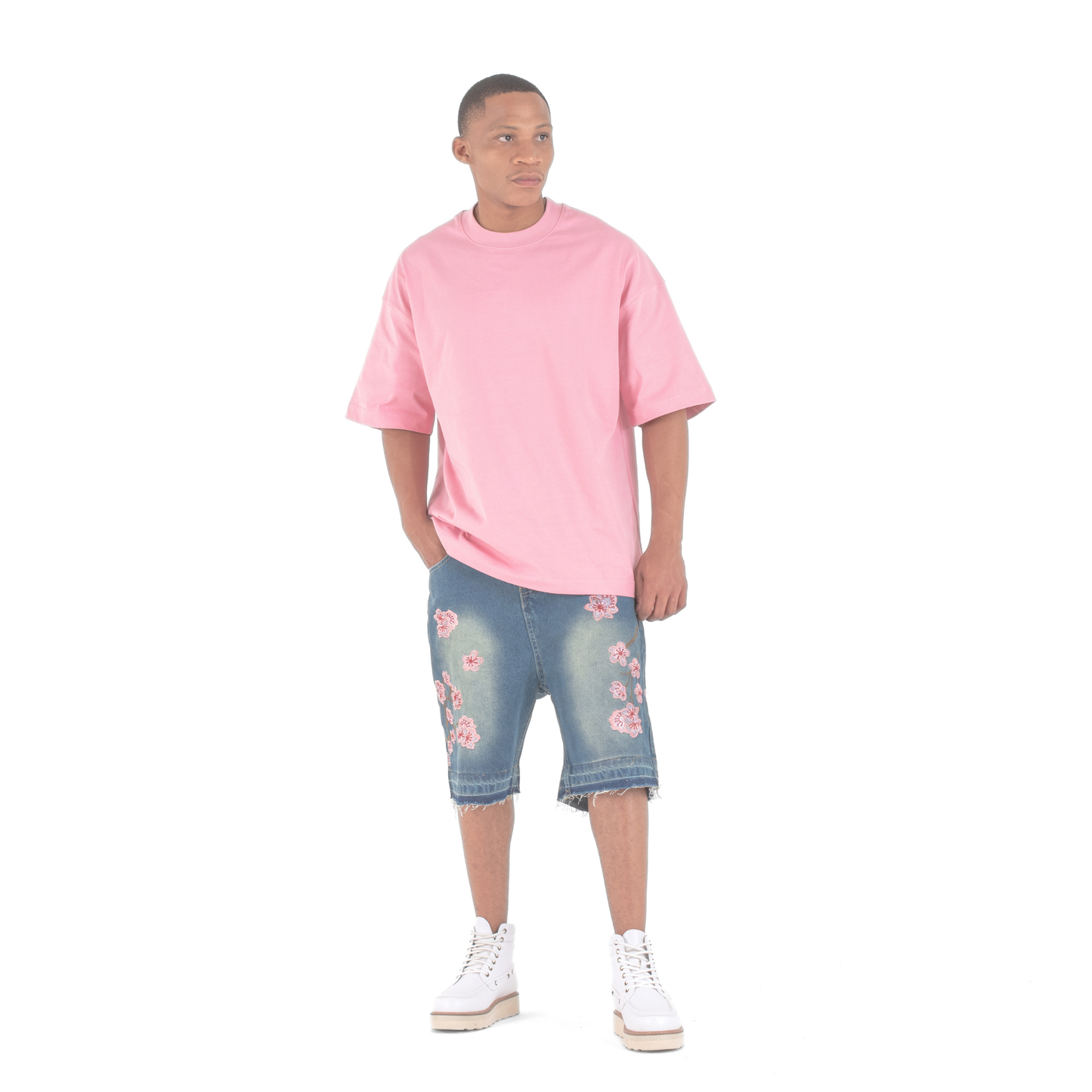 Sakura Bloom Embroidered Denim Shorts