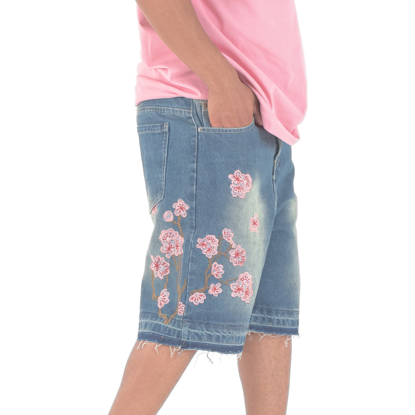 Sakura Bloom Embroidered Denim Shorts