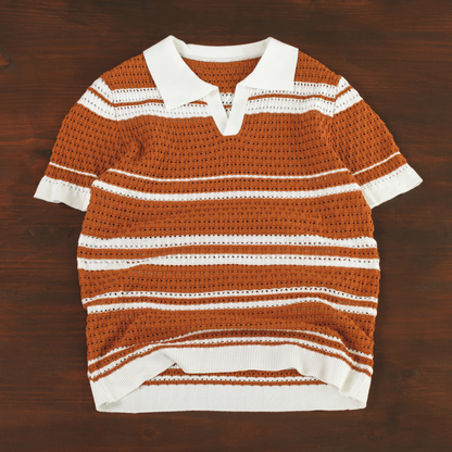 LOWKAL Riviera Open-Knit Stripe Polo T-Shirt