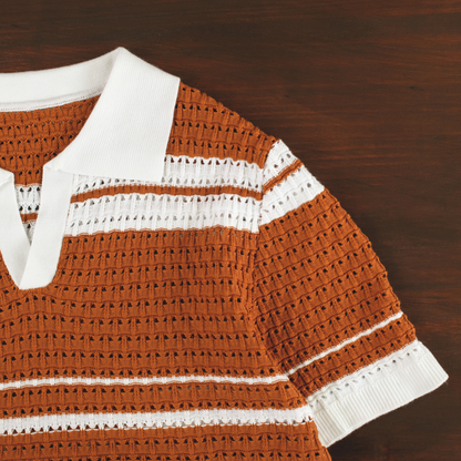 LOWKAL Riviera Open-Knit Stripe Polo T-Shirt