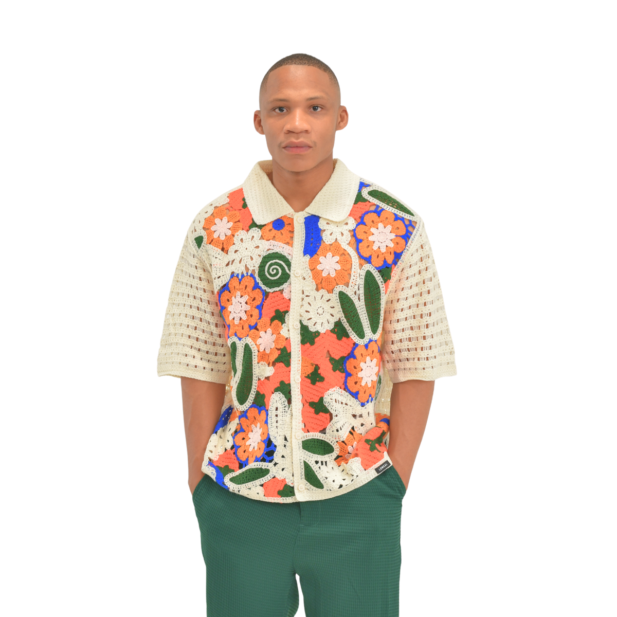 Botanical Mosaic Crochet Shirt – Cream Multi