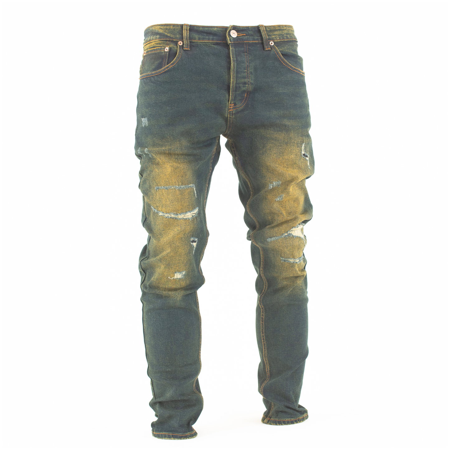 Rust Fade Distressed Slim-Fit Denim