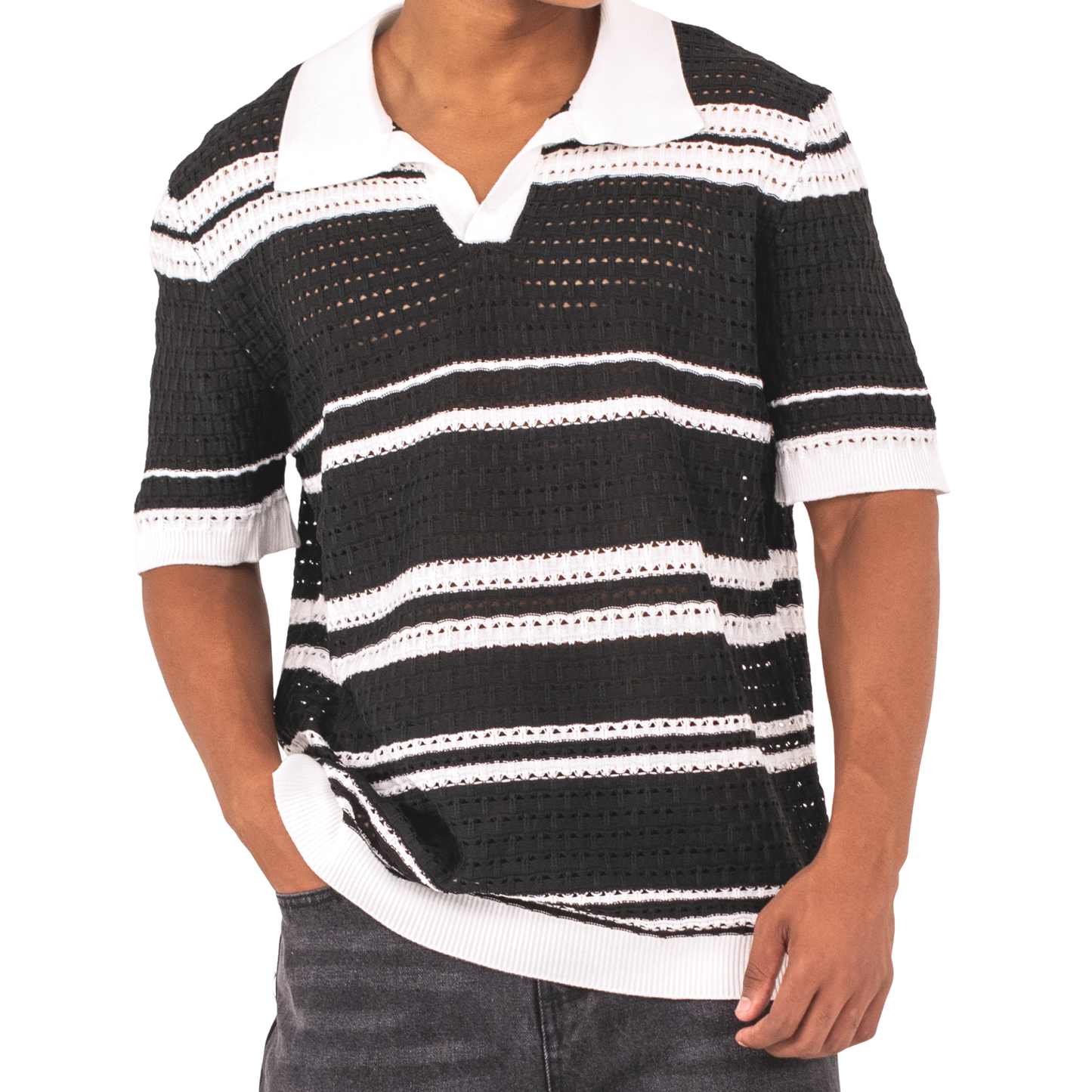 LOWKAL Riviera Open-Knit Stripe Polo T-Shirt