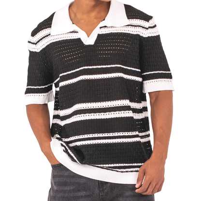 LOWKAL Riviera Open-Knit Stripe Polo T-Shirt