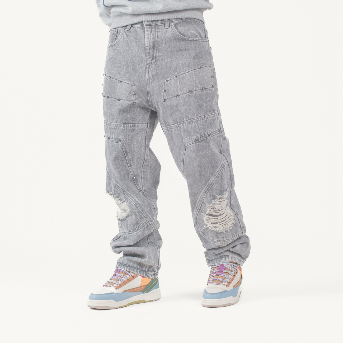 Men’s Grey Utility Ripstop Distressed Baggy Jeans
