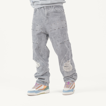 Men’s Grey Utility Ripstop Distressed Baggy Jeans
