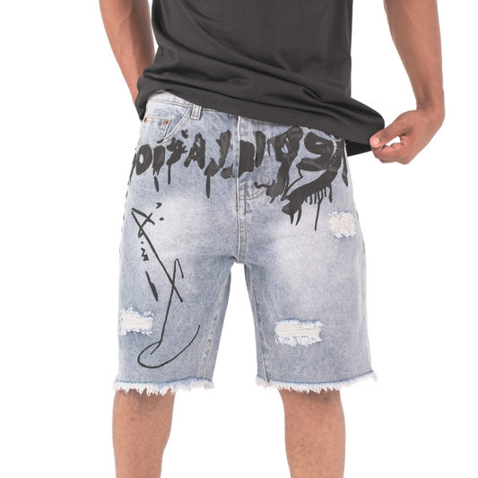 Urban Script Graffiti Denim Shorts