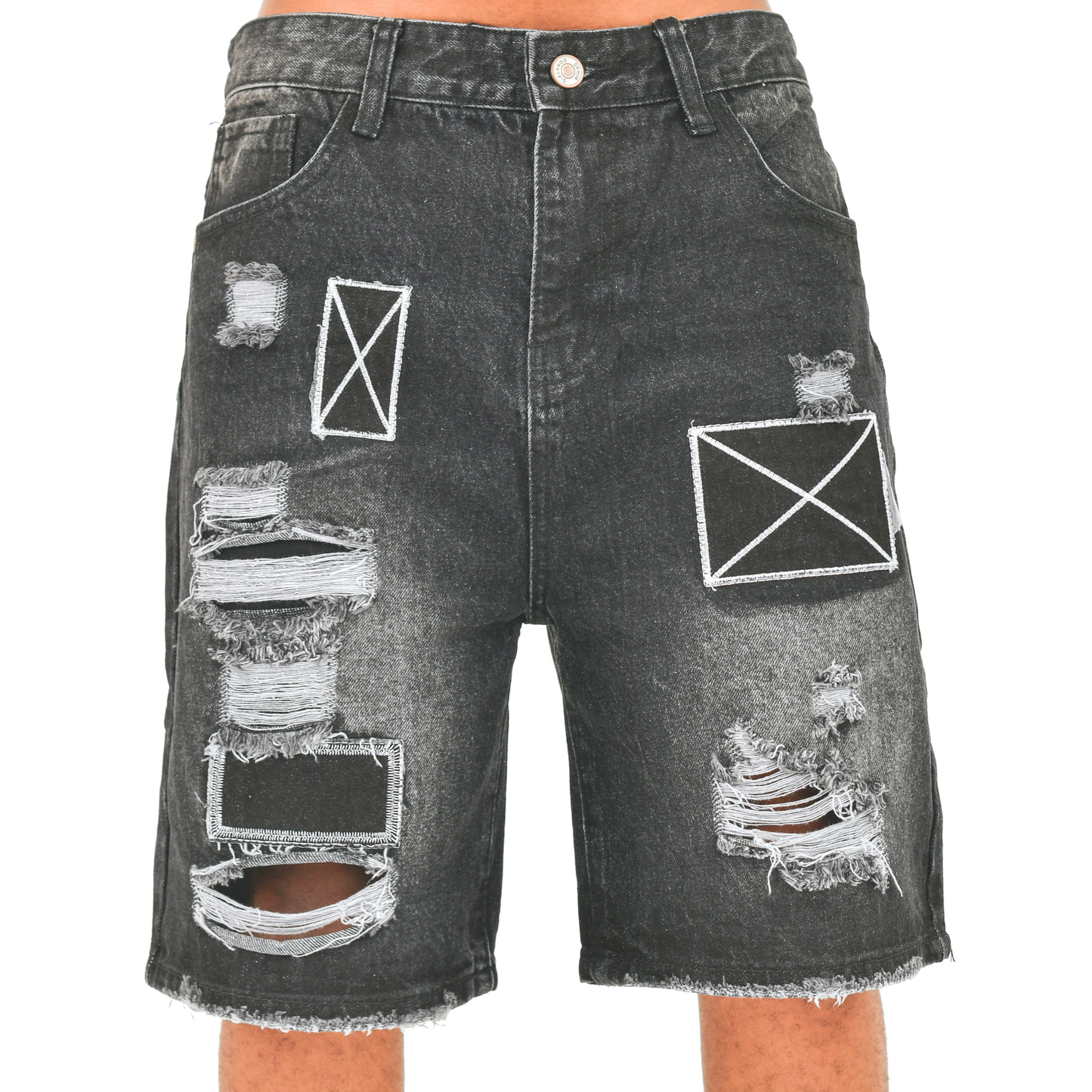 Obsidian Patch Distressed Denim Shorts 13918