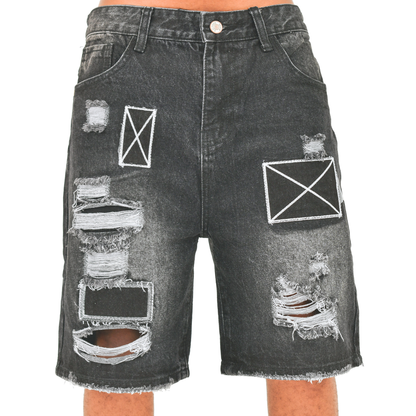 Obsidian Patch Distressed Denim Shorts 13918