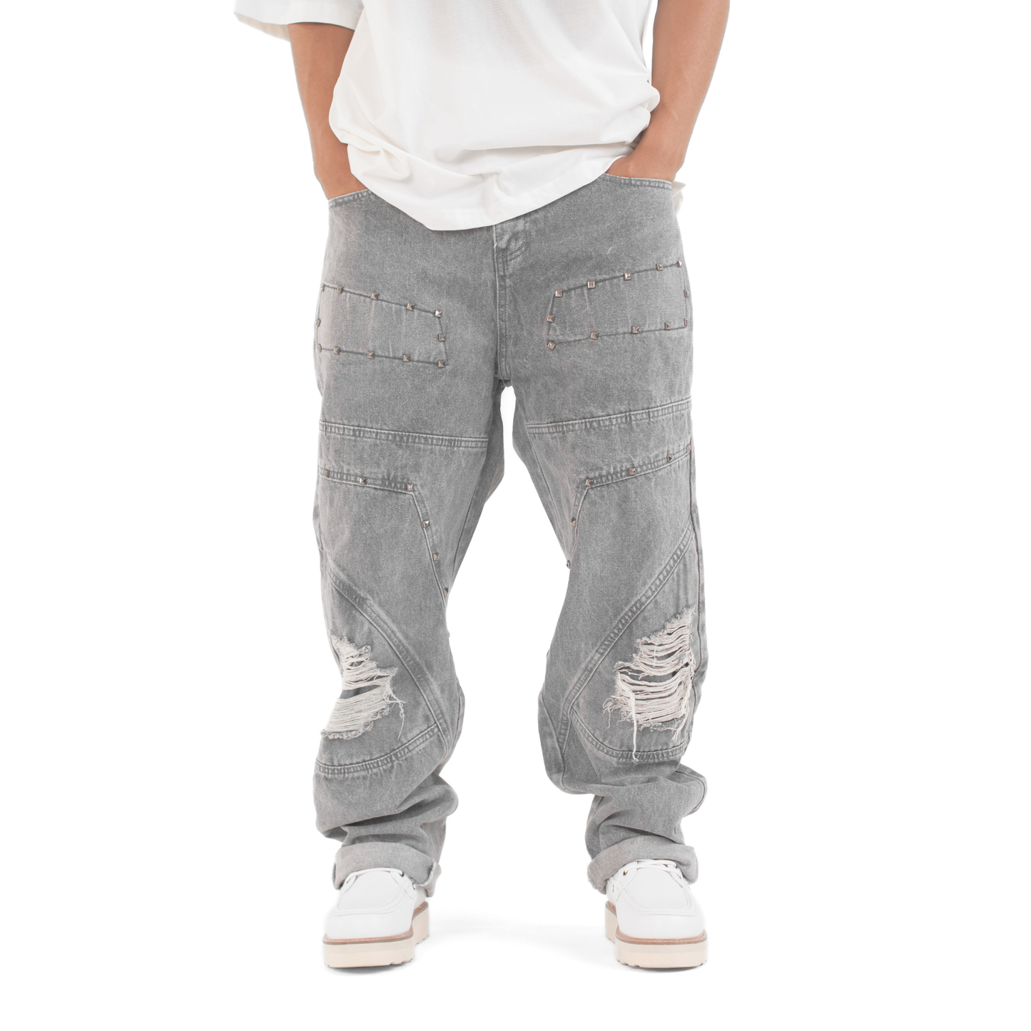 Men’s Grey Utility Ripstop Distressed Baggy Jeans
