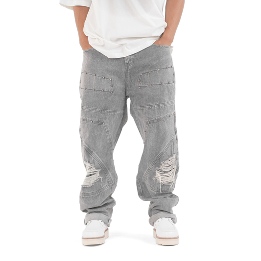 Men’s Grey Utility Ripstop Distressed Baggy Jeans