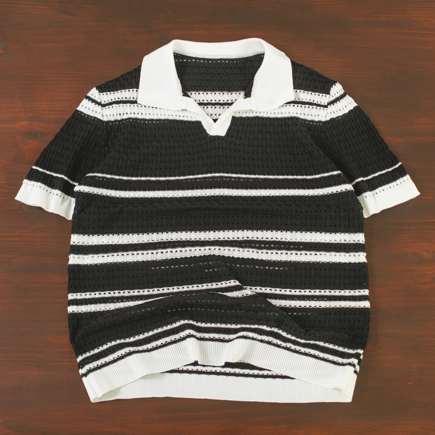 LOWKAL Riviera Open-Knit Stripe Polo T-Shirt