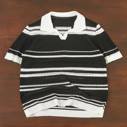 LOWKAL Riviera Open-Knit Stripe Polo T-Shirt