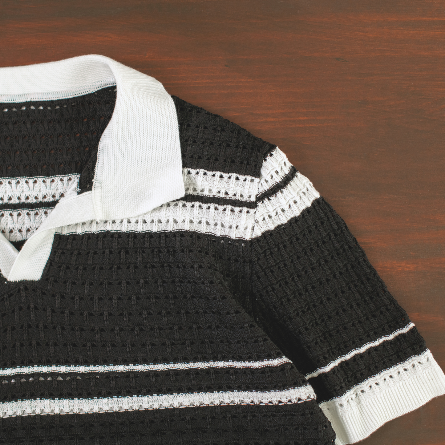 LOWKAL Riviera Open-Knit Stripe Polo T-Shirt
