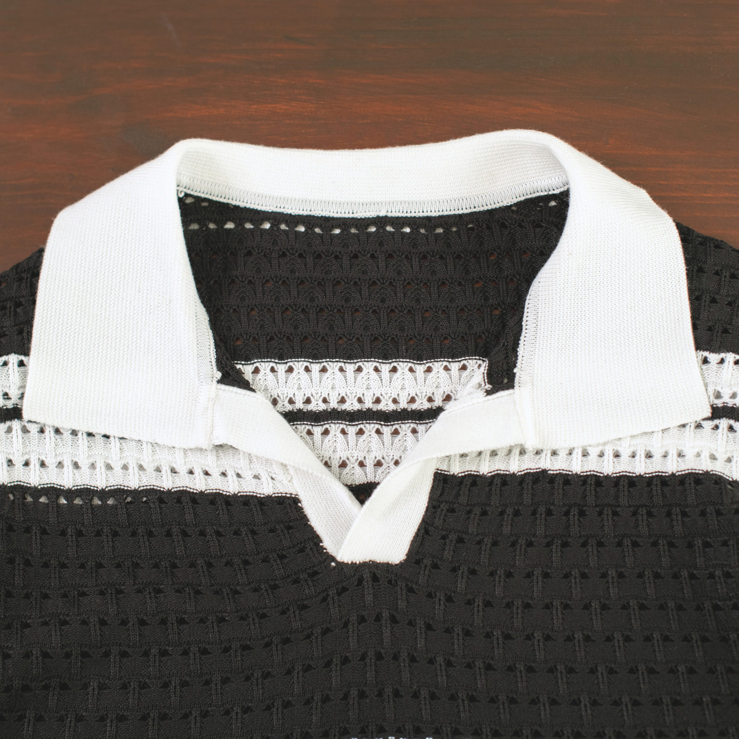 LOWKAL Riviera Open-Knit Stripe Polo T-Shirt