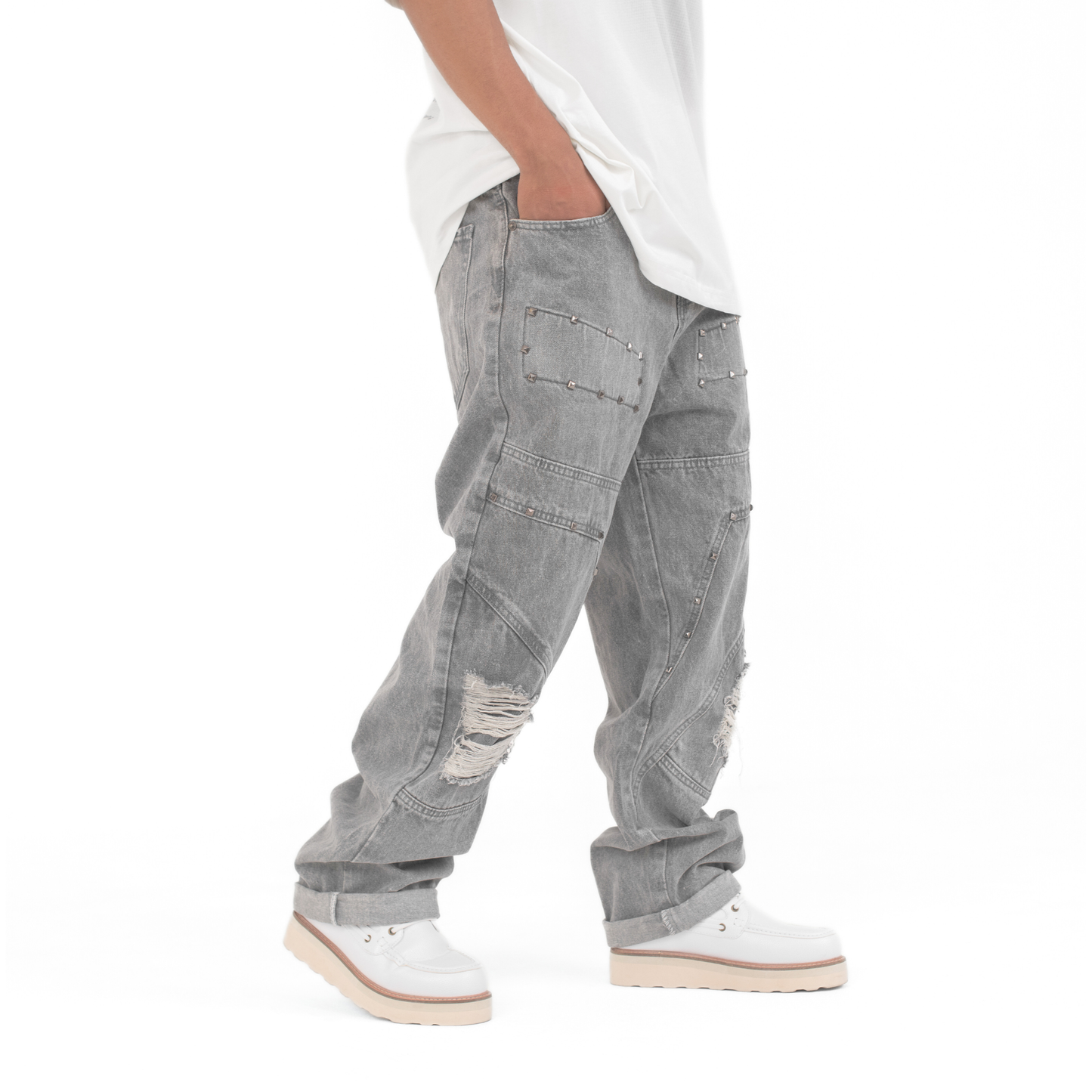 Men’s Grey Utility Ripstop Distressed Baggy Jeans