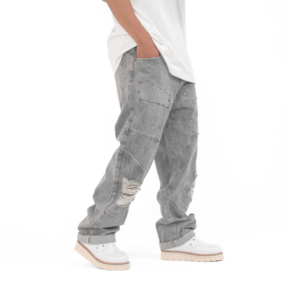 Men’s Grey Utility Ripstop Distressed Baggy Jeans