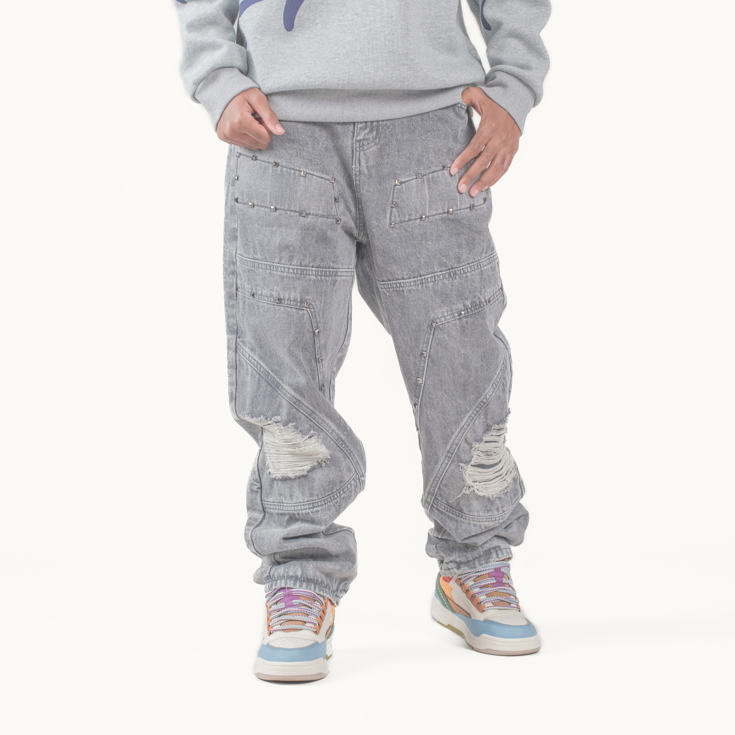 Men’s Grey Utility Ripstop Distressed Baggy Jeans