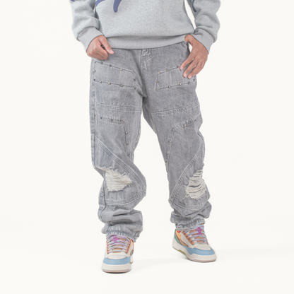 Men’s Grey Utility Ripstop Distressed Baggy Jeans